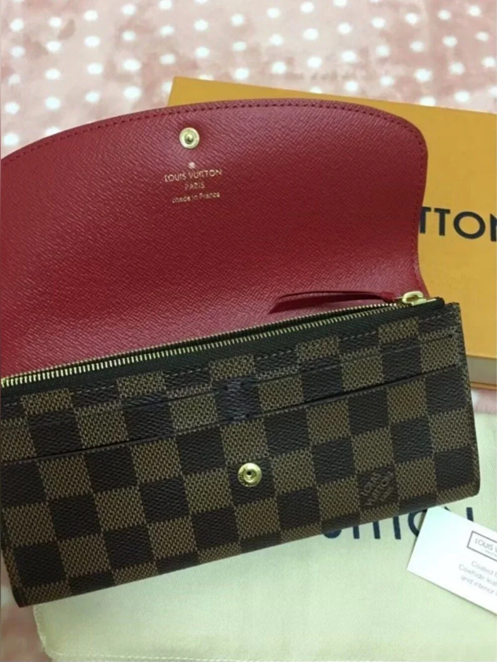 Louis Vuitton Damier Ebene Continental Wallet with Red Snap Closure